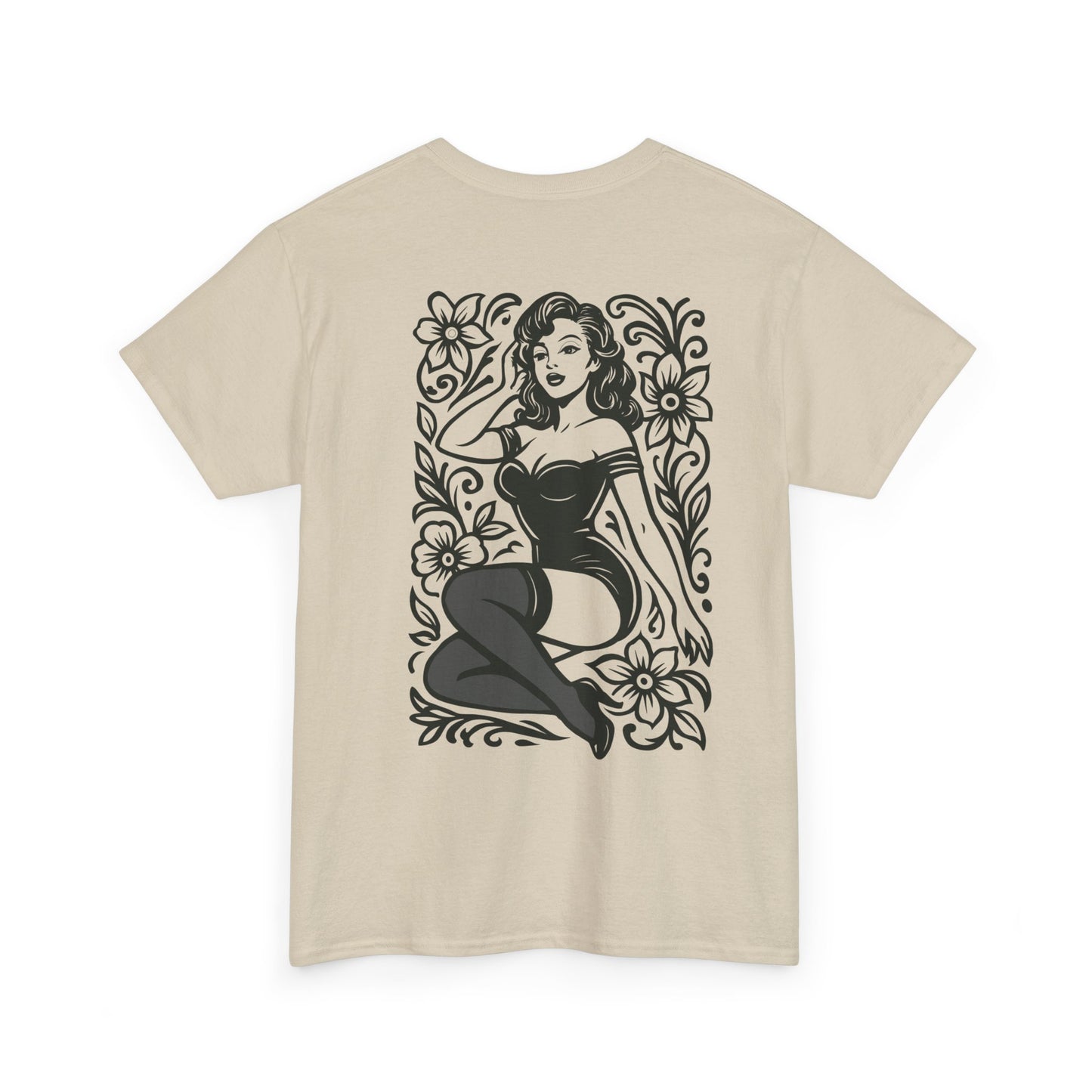 Pinup Girl Floral Graphic Tee — Retro Tattoo Style Cotton T-Shirt