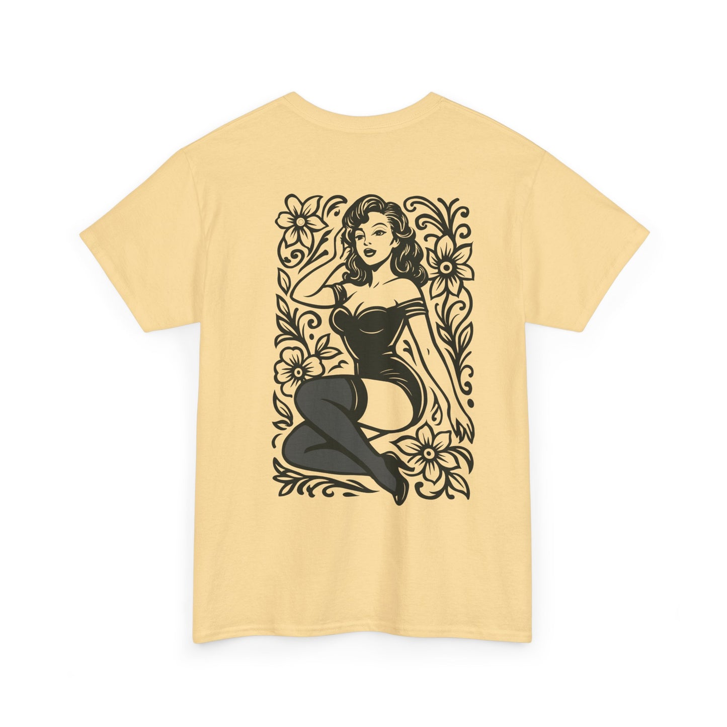 Pinup Girl Floral Graphic Tee — Retro Tattoo Style Cotton T-Shirt