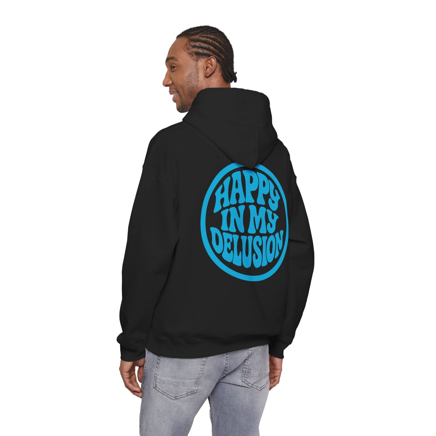 Happy In My Delusion Hoodie — Retro Blue Graphic Pullover