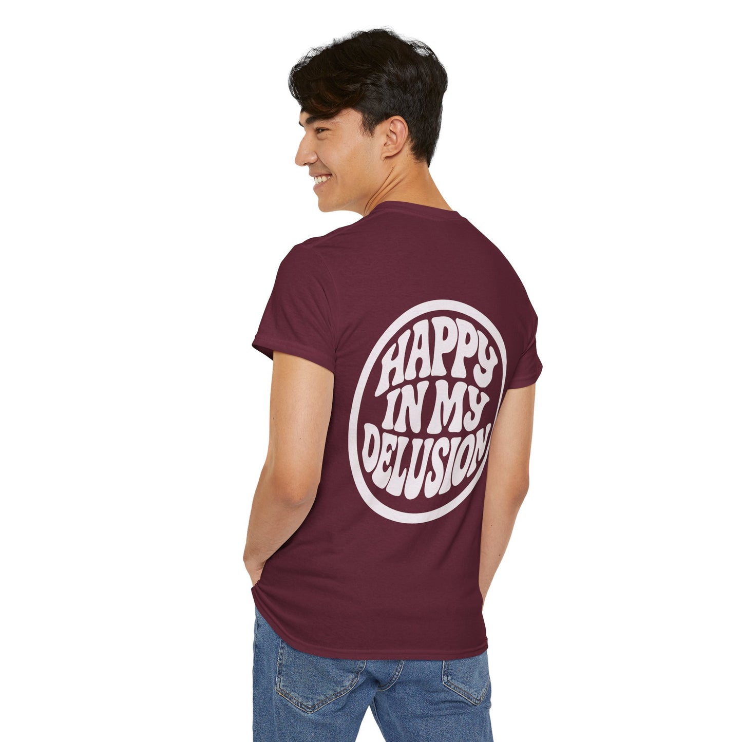 Happy In My Delusion Graphic Tee - Retro Circle Logo T-Shirt