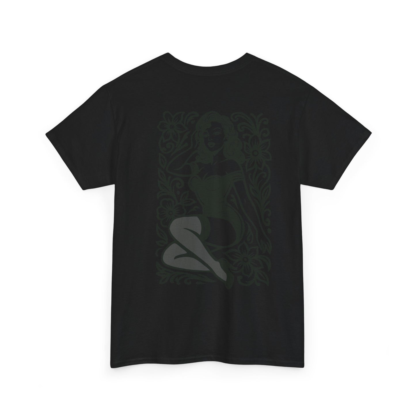 Pinup Girl Floral Graphic Tee — Retro Tattoo Style Cotton T-Shirt