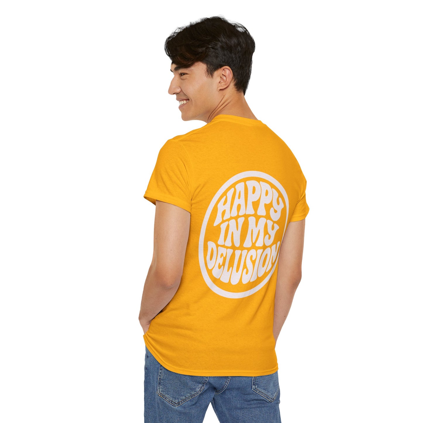 Happy In My Delusion Graphic Tee - Retro Circle Logo T-Shirt