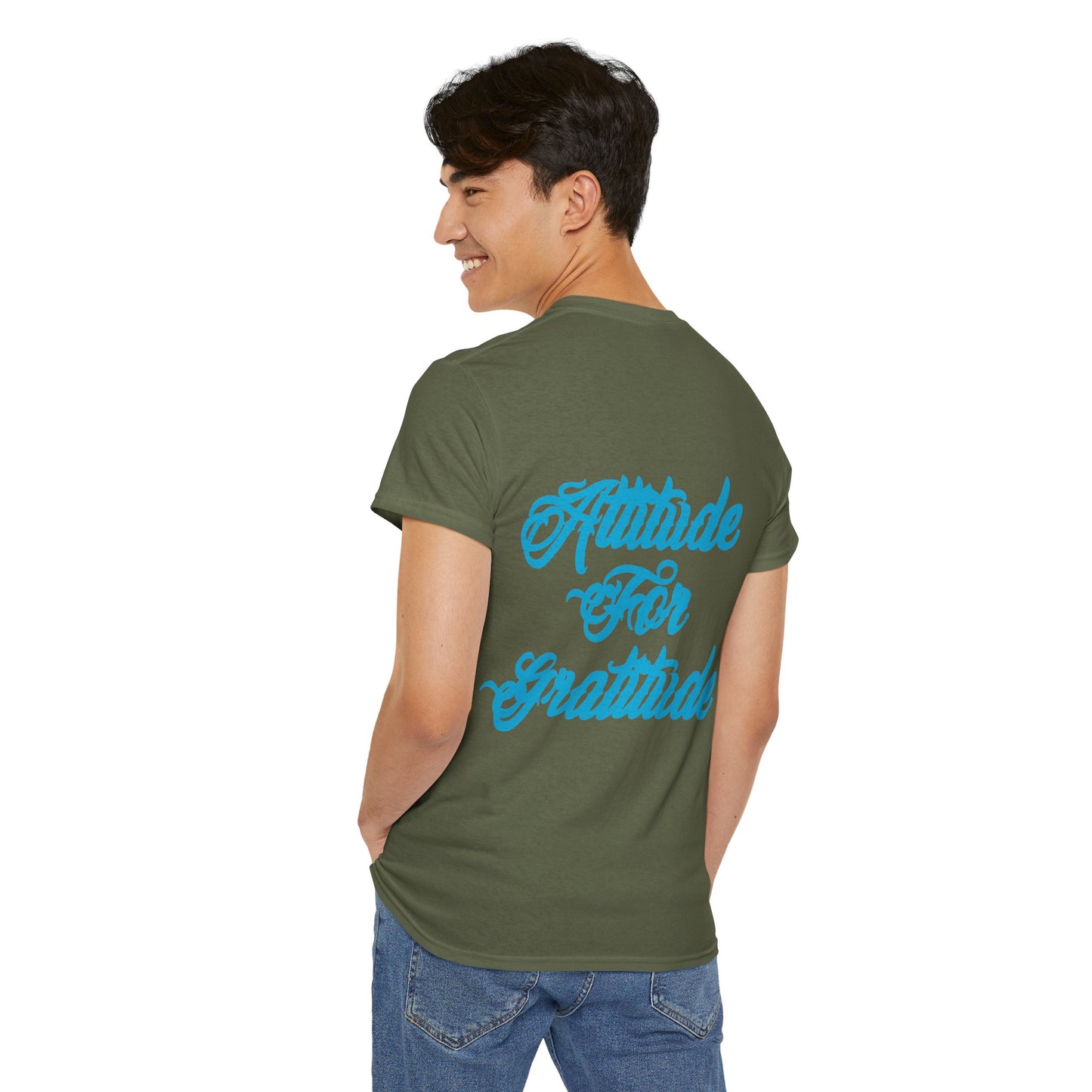 Attitude for Gratitude Tee — Inspirational Script Backprint Cotton T‑Shirt